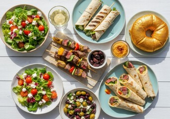 A vibrant and colorful Mediterranean feast featuring a variety of dishes.