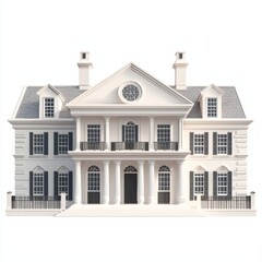 Low Poly 3D Render of a colonial-style house, on isolated white background