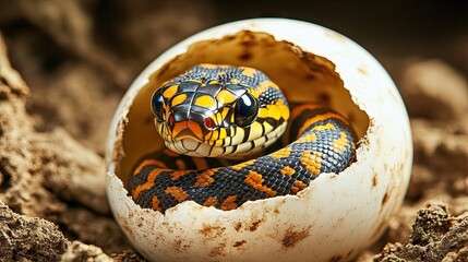 Asiatic Tiger snake hatchling emerging from its egg, displaying vibrant colors and patterns, with ample photo style copy space for text or branding.