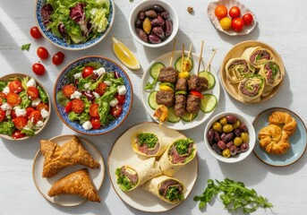 A vibrant and colorful Mediterranean feast featuring a variety of dishes.