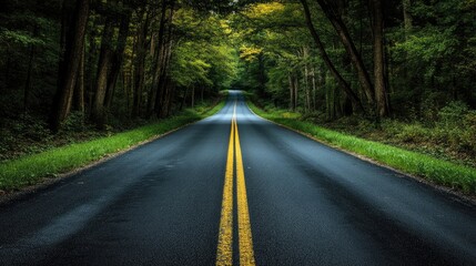 Obraz premium Empty road at night, surrounded by grass and trees, creates a tranquil scene perfect for wallpaper use. This captivating image of an empty road invites reflection and relaxation.