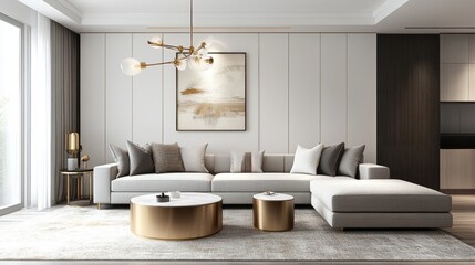 Modern living room interior with grey sectional sofa, gold accents, and abstract painting.
