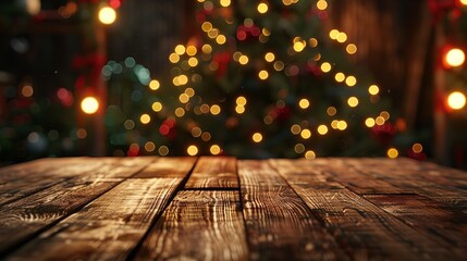 Empty Wooden Table with Christmas Theme in Background 8K

