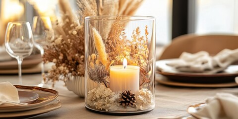 Obraz premium A beautifully handcrafted centerpiece for your table, showcasing a candle along with an arrangement of dried flowers for an elegant touch.
