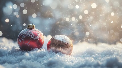 Silver and red baubles rest on a bed of snow, creating a festive scene with a blurred sparkling...