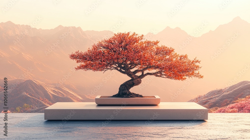 Poster a bonsai tree with orange leaves sits on a stone platform in front of a mountain range at sunset.