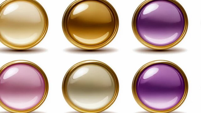 Six round buttons with gold frames and different colored centers are displayed on a white background