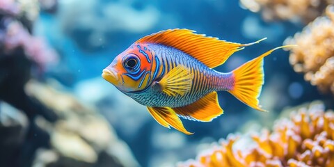 Obraz premium Brightly colored tropical reef fish, adorned with unique markings, represent natures underwater wildlife. These colorful species thrive in sunlit coral reefs of aquatic habitats.
