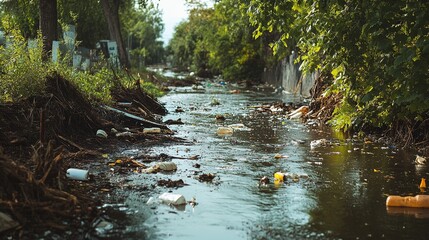 Obraz premium A polluted river following a natural disaster, with debris and chemicals affecting the local environment.
