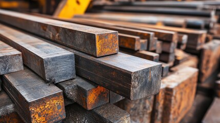 Stacked Steel Bars with Rusted Edges in an Industrial Yard, Displaying Texture and Robustness of Raw Metal for Heavy-Duty Applications
