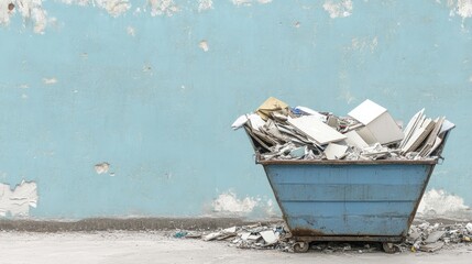 Construction rubbish skip filled with waste material, tiles, and plasterboard, captured in a photo style with ample copy space for text and design elements.
