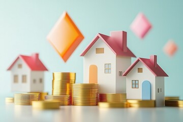 Minimal 3D Real Estate Investment Growth with Floating Houses, Gold Coins, and Upward Arrows in Pastels