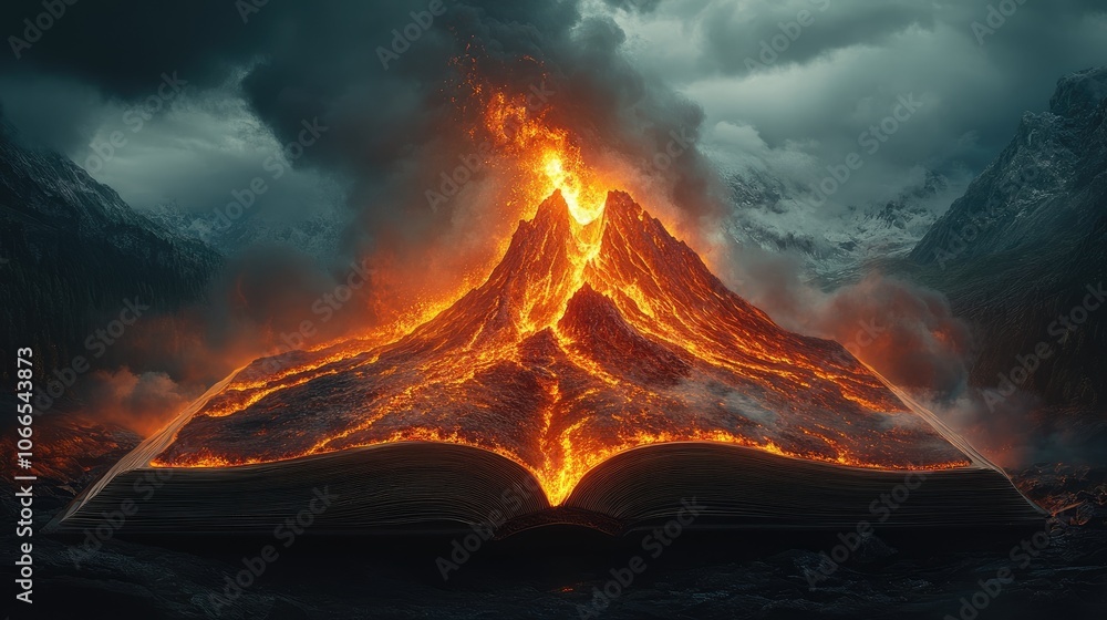 Poster an open book with a fiery volcano erupting from its pages, surrounded by dark clouds and snow-capped
