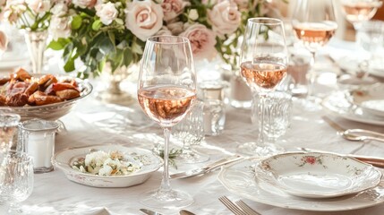 Fototapeta premium An elegant dining table setting with rose wine glasses and gourmet dishes, perfect for a special occasion.