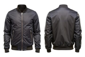 Black bomber jacket, front and back view on white background