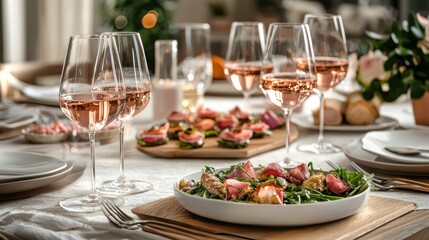 An elegant dining table setting with rose wine glasses and gourmet dishes, perfect for a special occasion