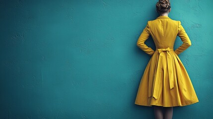 Elegant Yellow Dress Against Vibrant Teal Wall