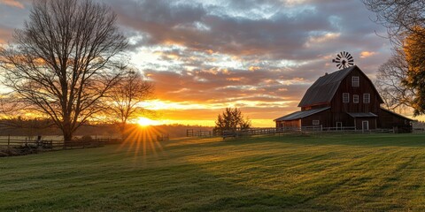 An idyllic sunset over a farm, with a silhouette of a windmill and a barn, creating a warm and inviting atmosphere that embodies the essence of rural life.