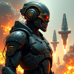 Cyberpunk terminator, explosions and spaceships, high detail fantasy sci-fi illustration