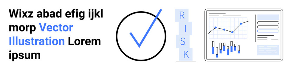 Text in black, blue checkmark inside a circle, letters RISK stacked vertically, and analytics charts showing graphs and bar charts. Ideal for data analysis, risk management, business presentations © robu_s