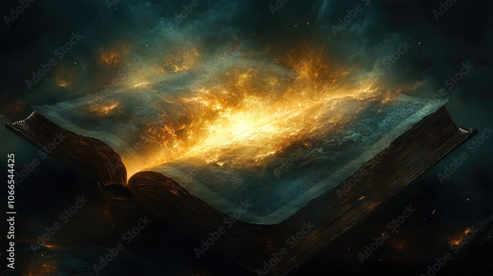 Aufkleber an open ancient book with a burst of golden light and smoke emanating from within, representing know