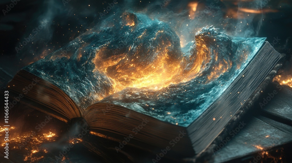 Poster an open book with a swirling vortex of fire and smoke emerging from its pages.