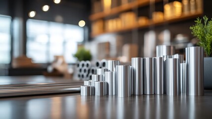 Assortment of Polished Aluminum Tubes of Various Sizes Arranged on a Modern Industrial Workbench with Blurred Workshop Background
