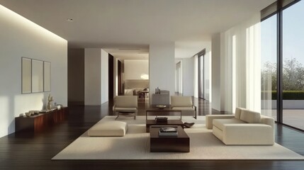 Fototapeta premium Modern Living Room Interior with Large Windows and Neutral Colors