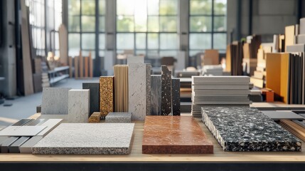 Diverse Collection of Building Material Samples on Display in a Sunlit Industrial Workshop Setting, Featuring a Variety of Textures and Colors