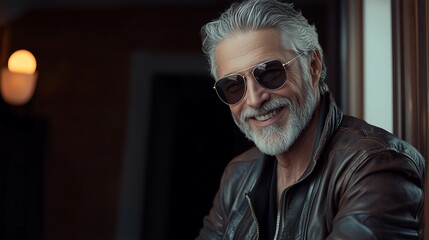 Obraz premium handsome senior man with silver hair and beard, wearing a leather jacket and sunglasses