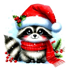 raccoon with christmas hat