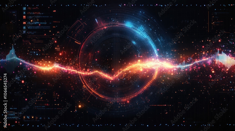 Poster abstract digital interface with glowing lines and circular elements.