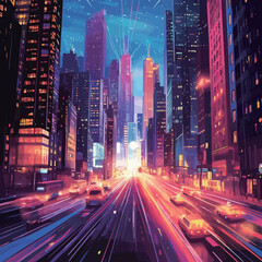 Fototapeta premium City at night with light trails. Vector illustration.