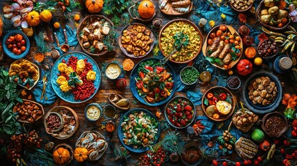 Fototapeta premium An overhead shot of a Thanksgiving dinner spread, showcasing the variety of dishes and colorful garnishes