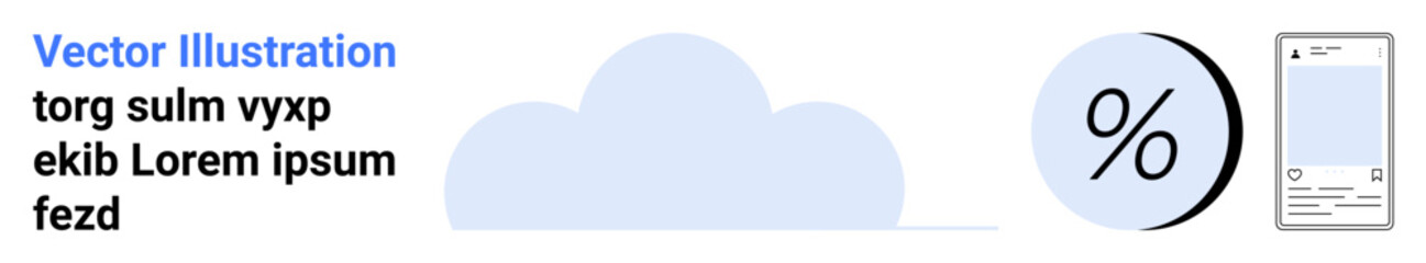 Cloud icon, percentage symbol, and smartphone screen showcasing text elements. Ideal for technology, finance, marketing, mobile apps, web development, data storage, cloud services. Landing page