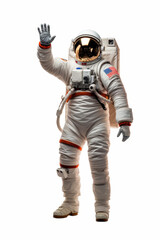 Friendly male astronaut in full spacesuit waving hand, isolated on white background