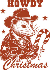 Howdy Christmas Design for T-Shirt, Vintage Retro Christmas Cowboy Opossum, Western Opossum, Candy Cane Xmas