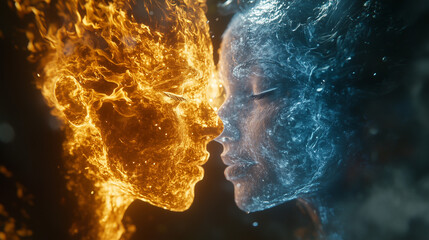 Naklejka premium Emotional conceptual art featuring two faces split apart, one side engulfed in fire, the other in ice, dark background