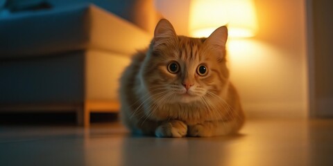 A close-up of a cat crouched low with a startled expression, as the faint sound of fireworks fills the air