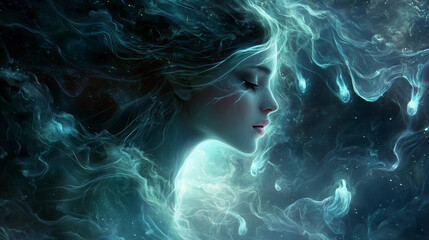 Obraz premium Melinoë, goddess of ghosts, emerging from a foggy underworld portal, illuminated by moonlight