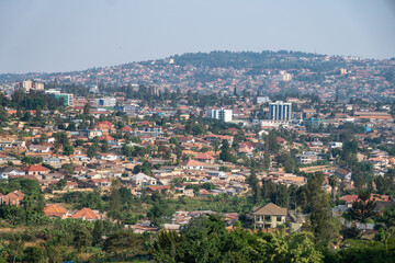 Fototapeta premium Kigali, Aerial view of a busy city with houses, trees, and urban design, Rwanda