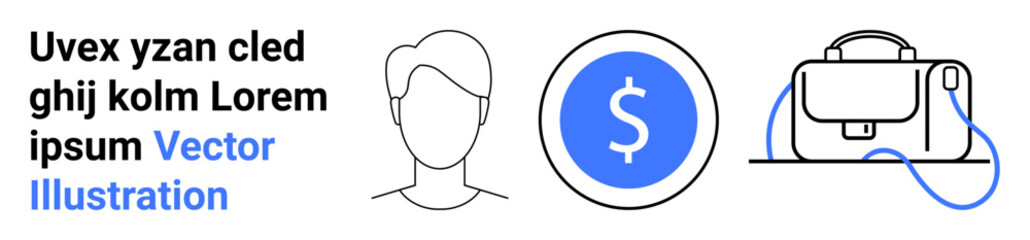 Outline of a person, blue dollar sign, bag icon. Ideal for finance, business presentations, websites, apps, print materials, professional profiles, social media. Landing page