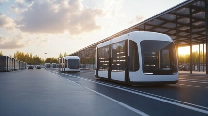 Obraz premium Smart city logistics hubs utilizing AI, solar power, and electric vehicles for efficient, sustainable transport