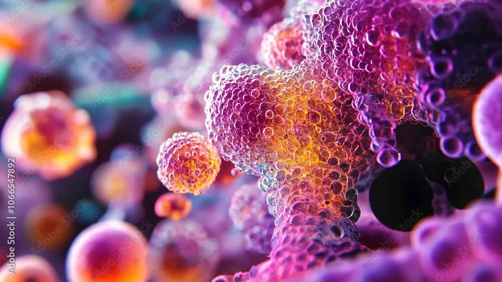 Poster a close-up image of a pink and orange cell, captured under a microscope, showing the intricate detai