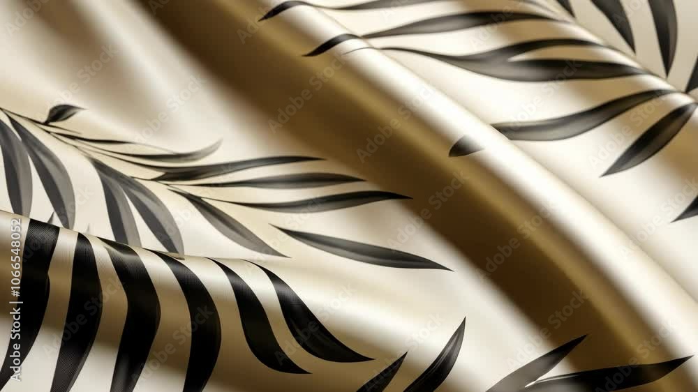 Poster a close-up of a cream-colored fabric with a black leaf pattern, draped and showing texture