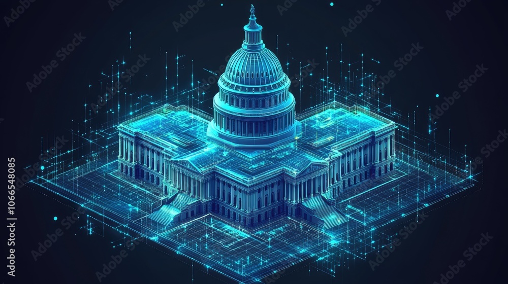 Poster a digital rendering of the us capitol building with blue glowing lines representing data and technol
