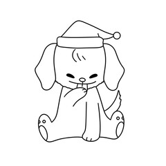 A dog is sitting on the ground with a hat on its head