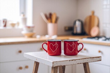 Two red mugs with hearts in cozy kitchen
