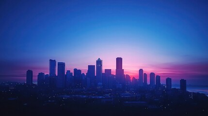 Fototapeta premium Design a city skyline at dusk, where the buildings are silhouetted against a gradient of blues as the day transitions to night.