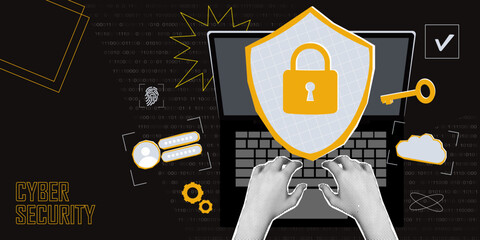 Concept of cybersecurity and personal data protection. Shield with digital lock. Trendy pop art collage search concept. Laptop computer and Halftone hands. Modern retro textured vector illustration